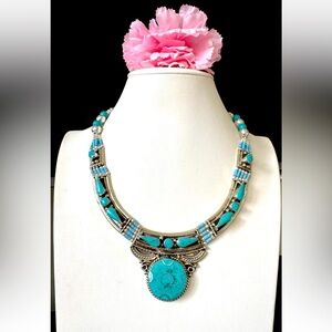 Handcrafted Ethnic Style Pendant Necklace Inlay Turquoise Set In Silver 113grams